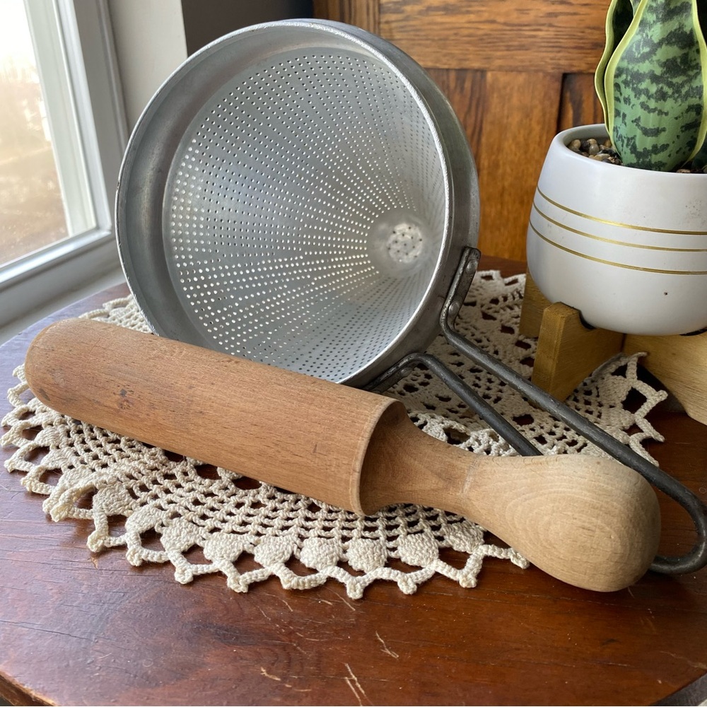 Vintage 2 Large Silver Sieve with Brown Wooden Pestle Made in the USA - EUC
